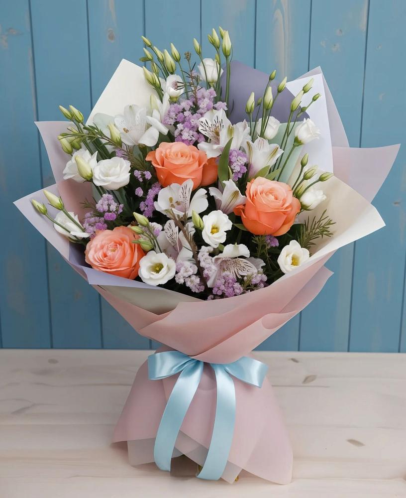 Букет цветов из: Лизиантусы, Розы, Альстромерии и Гипсофила в Талалихино