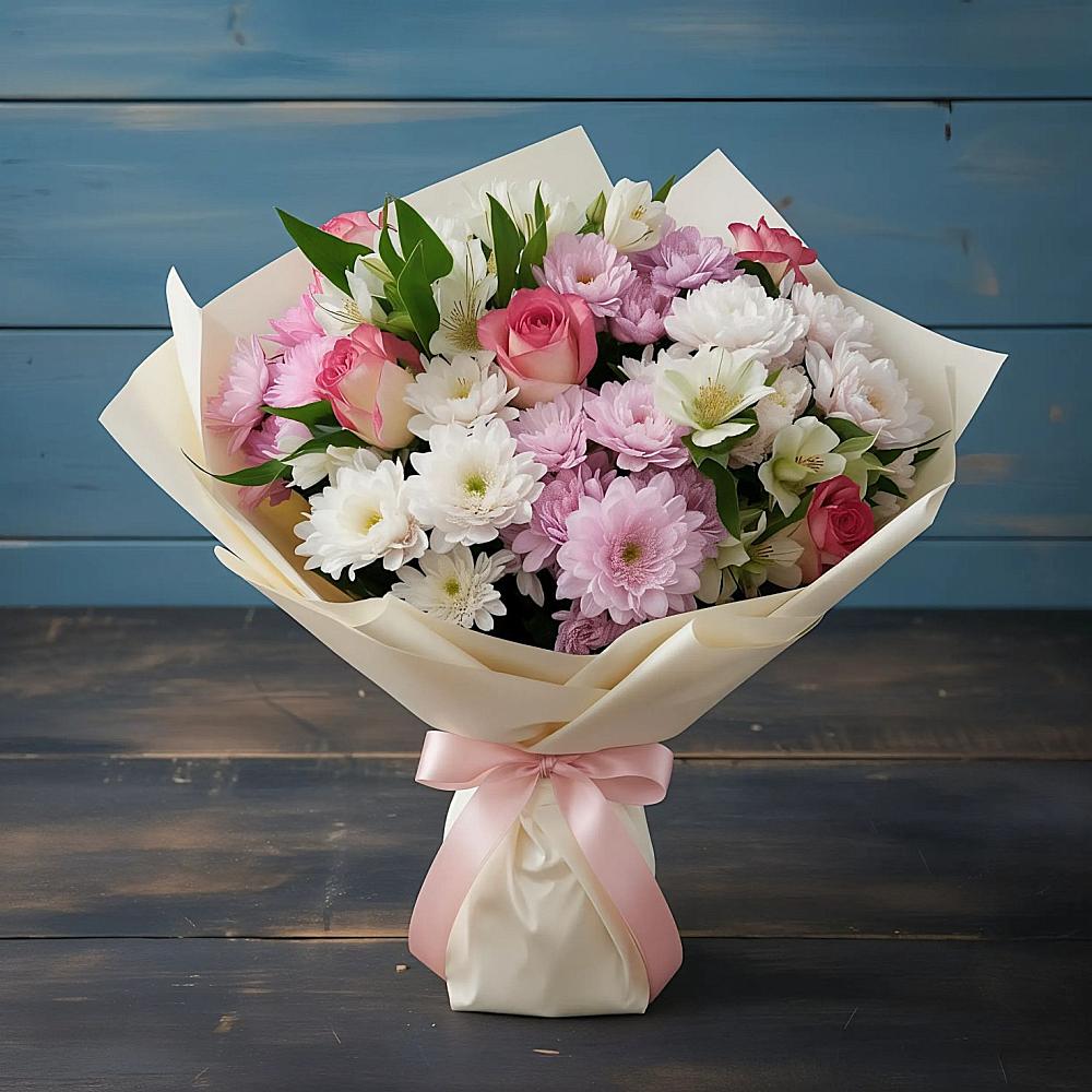 Букет цветов из: Хризантемы, Альстромерии и Розы в Талалихино